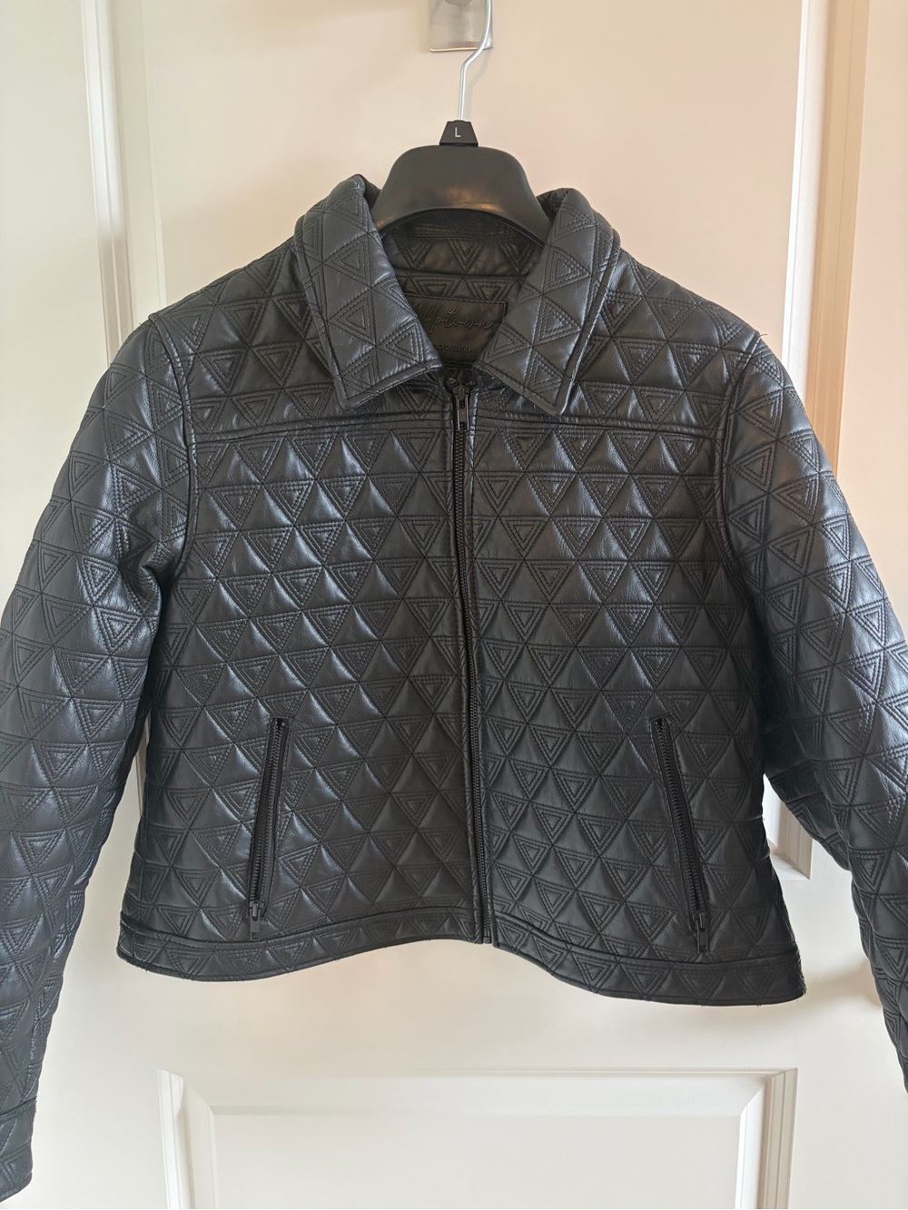 Women's Quilted Black Faux Leather Jacket with Zip Front